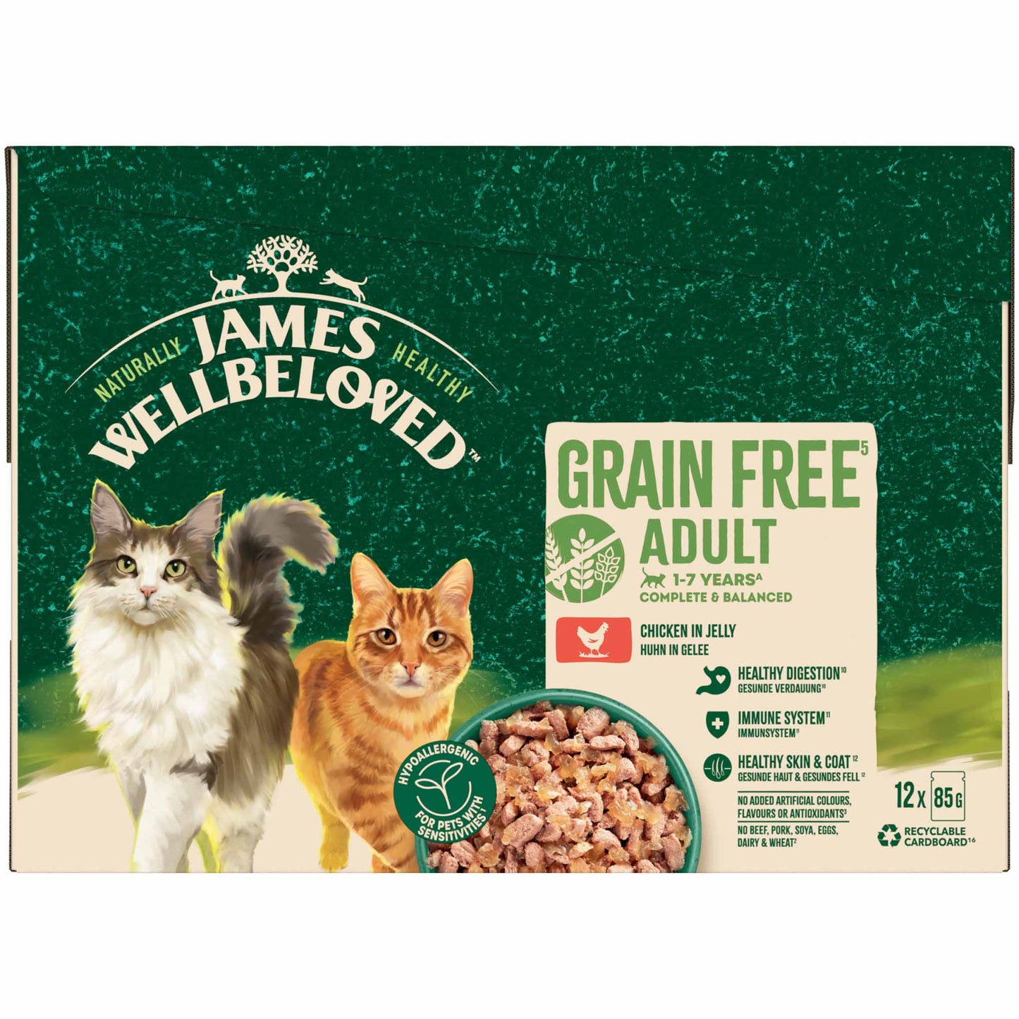 James Wellbeloved Adult Grain Free Wet Cat Food in Jelly - Chicken - 12x85g Pouches